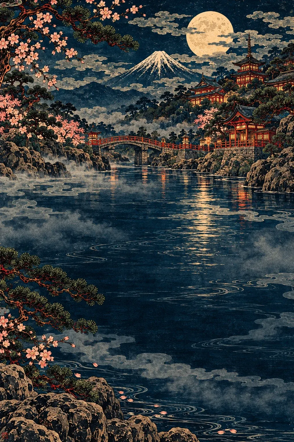 Illustration of Mount Fuji, a tranquil Japanese lakeside and cherry blossoms